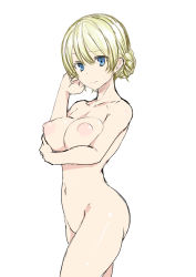 Rule 34 | 10s, 1girl, ass, blonde hair, blue eyes, blush, breasts, collarbone, cowboy shot, darjeeling (girls und panzer), girls und panzer, groin, highres, koucha indian, large areolae, large breasts, navel, nipples, nude, simple background, solo, white background