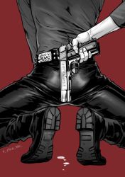 Rule 34 | 1boy, arm behind back, ass, belt, blood, blood on ground, boots, bow, character name, chiamo (lmc clm), from behind, greyscale with colored background, gun, handgun, head out of frame, highres, holding, holding gun, holding weapon, kneeling, levi (shingeki no kyojin), long sleeves, lower body, male focus, monochrome, pants, red bow, shingeki no kyojin, shirt, shoe soles, solo, tight clothes, tight pants, tight shirt, trigger discipline, twitter username, weapon
