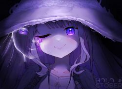 Rule 34 | 1girl, :&gt;, black background, cosplay, elden ring, grey hair, hat, highres, hololive, hololive english, koseki bijou, long hair, ma draws, one eye closed, purple eyes, ranni the witch, ranni the witch (cosplay), smile, virtual youtuber, witch hat