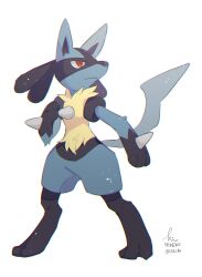 Rule 34 | absurdres, animal focus, creatures (company), full body, game freak, gen 4 pokemon, hand up, hideko (l33l3b), highres, light particles, looking to the side, lucario, nintendo, no humans, pokemon, pokemon (creature), red eyes, signature, simple background, slit pupils, solo, spikes, standing, twitter username, white background, yellow fur