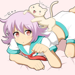 Rule 34 | 10s, 1girl, all fours, animal, animal on head, cat, cat on head, commentary request, kantai collection, mitya, neckerchief, on head, paw pose, pink hair, red eyes, school uniform, serafuku, short hair, short sleeves, shorts, solo, tama (kancolle), text focus, translation request