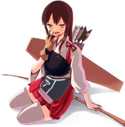 Rule 34 | 10s, 1girl, akagi (kancolle), arrow (projectile), border, bow, bow (weapon), gloves, grey thighhighs, kantai collection, long hair, muneate, open mouth, quiver, shiroshi (denpa eshidan), sitting, skirt, solo, thighhighs, weapon, yawning, yellow eyes