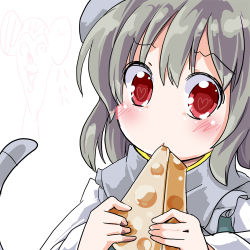 Rule 34 | 1girl, animal ears, bad id, bad pixiv id, biting, capelet, cheese, fa no hito, food, grey hair, heart, heart-shaped pupils, mouse ears, mouse tail, nazrin, red eyes, solo, symbol-shaped pupils, tail, touhou