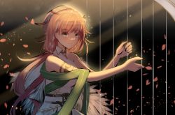 Rule 34 | 1girl, arknights, armlet, bare shoulders, braid, closed mouth, dress, erato (arknights), green eyes, harp, hat, highres, instrument, light rays, long hair, looking at viewer, minuo, music, petals, pink hair, playing instrument, side braid, sleeveless, sleeveless dress, smile, solo, upper body, very long hair, white dress, white hat