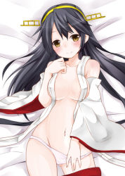 Rule 34 | 10s, 1girl, black hair, breasts, collarbone, covered erect nipples, cowboy shot, detached sleeves, gluteal fold, hair ornament, hairband, hairclip, hand under clothes, haruna (kancolle), headgear, japanese clothes, kantai collection, long hair, lying, medium breasts, navel, no pants, nontraditional miko, on back, on bed, open clothes, open shirt, panties, panty pull, shirt, siroyuki, skirt, solo, stomach, underwear, very long hair, white panties, yellow eyes