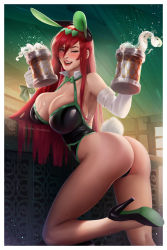 Rule 34 | 1girl, animal ears, ass, beer mug, blush, breasts, cup, day, elbow gloves, erza scarlet, fairy tail, gloves, hair between eyes, heart, high heels, highres, huge breasts, indoors, leotard, mole, mole on thigh, mug, one eye closed, open mouth, patreon username, playboy bunny, prywinko, rabbit ears, rabbit girl, rabbit tail, realistic, red eyes, red hair, smile, solo, tail, teeth