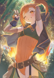 Rule 34 | 1girl, applepie (12711019), arm behind head, armpits, black gloves, clenched teeth, covered navel, explosion, fingerless gloves, forest, gloves, highres, leotard, looking at viewer, misogi (princess connect!), nature, one eye closed, orange eyes, orange hair, orange leotard, outdoors, princess connect!, short hair, side ponytail, solo, sunlight, teeth, thighs, tree, v