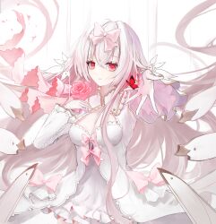 Rule 34 | absurdres, breasts, bug, butterfly, copyright request, dress, flower, hair ribbon, highres, hikari (arcaea), hikari (fatalis) (arcaea), insect, looking at viewer, non-web source, open mouth, pink flower, pink ribbon, pink rose, red butterfly, red eyes, ribbon, rose, simple background, white background, white dress, white hair