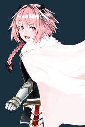 Rule 34 | 1boy, :d, absurdres, aqua background, armor, astolfo (fate), bad id, bad pixiv id, black bow, black dress, bow, braid, cloak, commentary, cowboy shot, dress, fang, fate/apocrypha, fate (series), faulds, from side, fur-trimmed cloak, fur collar, fur trim, gauntlets, hair bow, hair intakes, highres, long hair, long sleeves, looking at viewer, looking to the side, male focus, multicolored hair, open mouth, pink hair, purple eyes, short dress, simple background, single braid, smile, solo, standing, streaked hair, trap, two-tone hair, white cloak, white hair
