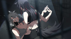 Rule 34 | 2girls, ambience synesthesia, animal ears, arknights, bars, black gloves, black hair, black nails, clothing cutout, cropped shirt, extra ears, finger in another&#039;s mouth, fingerless gloves, from behind, girl on top, gloves, grey eyes, grey hair, grey tank top, hair ornament, hairclip, highres, holding hands, jewelry, lappland (arknights), long hair, lying, midriff, multicolored hair, multiple girls, mumu (leelee mumu), nail polish, necklace, on back, sharp teeth, shirt, short hair, single glove, streaked hair, tail, tail through clothes, tank top, teeth, texas (arknights), white shirt, wolf ears, wolf girl, wolf tail, yuri