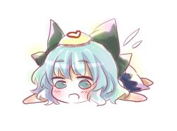 Rule 34 | 1girl, aqua eyes, aqua hair, bad id, bad pixiv id, blue dress, bow, cirno, dress, hair bow, ice, ice wings, kuromame (8gou), lying, on stomach, open mouth, smile, solo, touhou, wings