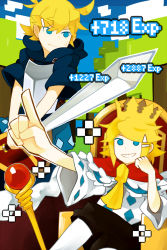 Rule 34 | 1boy, 1girl, armor, ascot, blonde hair, blue eyes, breastplate, brother and sister, crown, dadadanoda, fur trim, grin, hair ornament, hairclip, highres, holding, holding sword, holding weapon, hood, hoodie, kagamine len, kagamine rin, scepter, shinde shimau to wa nasakenai! (vocaloid), shinde shimau to wanasakenai!, shinde shimau to wanasakenai! (vocaloid), siblings, smile, staff, sword, throne, twins, vocaloid, weapon
