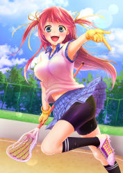 Rule 34 | 1girl, :d, absurdres, bike shorts, black shorts, black socks, blue eyes, blue skirt, cleats, cloud, collarbone, day, floating hair, gloves, hair ribbon, highres, index finger raised, kneehighs, lacrosse, lacrosse stick, leg up, long hair, looking at viewer, navel, open mouth, original, outdoors, plaid, plaid skirt, pleated skirt, red hair, ribbon, running, short shorts, shorts, shorts under skirt, skirt, smile, socks, solo, sweat, two side up, very long hair, yellow gloves, yellow ribbon, yu ki sizuku, yuki sizuku