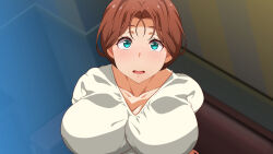 Rule 34 | 1girl, :o, blue eyes, blurry, blurry background, blush, breasts, brown hair, cleavage, facing viewer, female focus, from above, hair between eyes, highres, huge breasts, indoors, kunifuto, light blush, looking at viewer, mature female, medium hair, open mouth, original, shirt, sitting, solo, upper body, white shirt