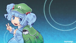 Rule 34 | 1girl, blue background, blue eyes, blue hair, blue shirt, blue skirt, blush, collared shirt, commentary request, cowboy shot, flat cap, frilled shirt collar, frills, green hat, hair bobbles, hair ornament, handheld game console, hat, kawashiro nitori, kei jiei, long sleeves, looking at viewer, looking back, open mouth, playstation vita, pocket, ripples, shirt, skirt, smile, solo, teeth, touhou, two side up, v