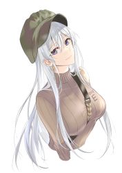 Rule 34 | 1girl, azur lane, blue eyes, brown sweater, casual, closed mouth, cropped torso, earrings, enterprise (azur lane), green headwear, highres, jewelry, lips, long hair, looking at viewer, silver hair, smile, solo, suprii, sweater, upper body, white background