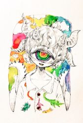 Rule 34 | 1other, :d, ambiguous gender, blush, colorful, cyclops, head tilt, horns, looking at viewer, multicolored background, multicolored eyes, multiple horns, one-eyed, one-hour drawing challenge, open mouth, original, photo (medium), rainbow gradient, red pupils, ringed eyes, shima (wansyon144), short hair, smile, traditional media