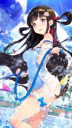 Rule 34 | 1girl, artist request, ball, bare shoulders, beachball, black hair, blue one-piece swimsuit, breasts, day, flower, girl cafe gun, hair flower, hair ornament, hair rings, highres, hose, kikuri yuki, bridal garter, light rays, long hair, looking at viewer, medium breasts, off shoulder, official art, one-piece swimsuit, open clothes, open mouth, open shirt, outdoors, pool, purple eyes, shirt, solo, standing, sunbeam, sunlight, swimsuit, thighs, very long hair, water, wet, wet clothes, wet shirt