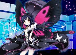 Rule 34 | 10s, 1girl, accel world, antenna hair, aoilio, bare shoulders, black hair, brown eyes, bug, butterfly, butterfly wings, dress, elbow gloves, gloves, hairband, insect, insect wings, kuroyukihime, long hair, looking at viewer, outstretched arm, skirt, smile, solo, wings