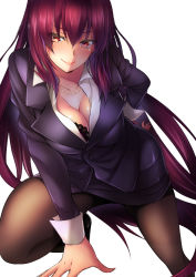 Rule 34 | 1girl, bra, breasts, cleavage, fate/grand order, fate (series), formal, hatori mia, highres, jewelry, large breasts, long hair, looking at viewer, necklace, office lady, pantyhose, pencil skirt, purple hair, red eyes, scathach (fate), simple background, skirt, skirt suit, smile, solo, suit, underwear, white background