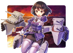 Rule 34 | 10s, 1girl, belt, brown eyes, brown hair, cannon, gloves, haguro (kancolle), hair ribbon, jacket, juliet sleeves, kantai collection, long sleeves, looking at viewer, machinery, military, military uniform, miniskirt, ocean, open mouth, pink thighhighs, puffy sleeves, ribbon, skirt, solo, thighhighs, uniform, white gloves, yukimura tsubame
