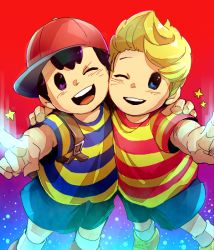 Rule 34 | 2boys, ;), backpack, bag, baseball cap, black hair, blonde hair, child, glowing, hat, lucas (mother 3), mother (game), multiple boys, ness (mother 2), nintendo, one eye closed, pointing, shirt, shoes, short hair, shorts, sideways hat, smile, sneakers, star (symbol), striped clothes, striped shirt, t-shirt, wink