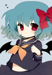 Rule 34 | &gt;:&lt;, 1girl, :&lt;, alternate costume, bad id, bad pixiv id, bat wings, black serafuku, blue background, blue hair, blush, bow, child, closed mouth, female focus, hair bow, haru (kyou), heart, long sleeves, looking at viewer, midriff, navel, neckerchief, no headwear, red bow, red eyes, remilia scarlet, school uniform, serafuku, short hair, simple background, skirt, solo, touhou, upper body, v-shaped eyebrows, wings