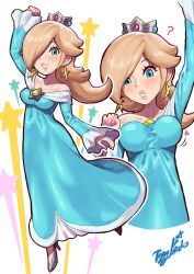 Rule 34 | ?, aqua dress, aqua eyes, arm up, artist logo, artist name, bare shoulders, blonde hair, blush, bouncing breasts, breasts, brooch, cleavage, clenched hand, collarbone, crown, dress, earrings, full body, hair over one eye, heart, highres, jewelry, jumping, long hair, looking at viewer, looking down, mario (series), medium breasts, mini crown, multiple views, nintendo, off-shoulder dress, off shoulder, rosalina, simple background, star (symbol), star brooch, star earrings, super mario galaxy, toggy keiichi, upper body, white background