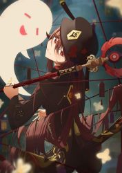 Rule 34 | 1girl, absurdres, black headwear, blurry, blurry background, brown coat, brown hair, coat, flower, genshin impact, ghost, hair between eyes, hair spread out, hat, hat flower, hat ornament, highres, holding, holding polearm, holding weapon, hu tao (genshin impact), jewelry, lantern, long hair, looking back, multiple rings, over shoulder, polearm, red eyes, red flower, red rope, ring, rope, smile, staff of homa (genshin impact), symbol-shaped pupils, weapon, weapon over shoulder, zq