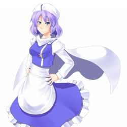 Rule 34 | 1girl, absurdres, apron, bad id, bad pixiv id, blue eyes, cape, female focus, hat, highres, letty whiterock, long sleeves, mashio, puffy sleeves, purple hair, short hair, smile, solo, touhou, white background