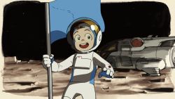 Rule 34 | 1980s (style), animated, animated gif, astronaut, black sky, commentary, flag, grin, helmet, jumping, making-of, male focus, oldschool, on moon, original, retro artstyle, sky, smile, solo, space, space helmet, spacecraft, spacesuit, tim yan, unfinished