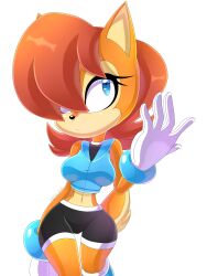 Rule 34 | 1girl, absurdres, artist request, blue eyes, breasts, brown fur, brown hair, furry, gloves, highres, large breasts, one eye covered, sally acorn, serious, shorts, sonic (series), sonic the hedgehog, sportswear, tail, transparent background