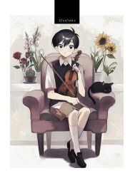Rule 34 | 1boy, 2022, 20s, :&lt;, = =, armchair, black cat, black eyes, black footwear, black hair, black vest, bow (music), bright pupils, brown shorts, cactus, cat, chair, closed mouth, collared shirt, commentary, dated, english commentary, flower, full body, gladiolus, highres, holding, holding instrument, holding violin, instrument, july, k6anxrfvmizw70w, kneehighs, lily of the valley, loafers, looking at viewer, male focus, mewo, omori, plant, potted plant, red flower, red rose, rose, shirt, shoes, short hair, short sleeves, shorts, sitting, socks, solo, sunflower, sunny (omori), tulip, vase, vest, violin, white flower, white pupils, white shirt, white socks, white tulip, wing collar