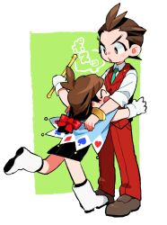 Rule 34 | 1boy, 1girl, :d, ace attorney, antenna hair, apollo justice, black dress, blue cape, blush, boots, border, bow, bracelet, brother and sister, brown eyes, brown footwear, brown hair, buttons, cape, chanko neru, closed eyes, club (shape), collared shirt, diamond (shape), dress, fingernails, formal, gloves, green background, green necktie, hair bow, hand on another&#039;s shoulder, happy, heart, holding, holding wand, imminent hug, jewelry, lapel pin, lapels, leg up, long hair, looking at another, low-tied long hair, medium hair, necktie, open mouth, outside border, pants, parted lips, red bow, red pants, red suit, red vest, running, shirt, shoes, short dress, short hair, siblings, sleeves rolled up, smile, spade (shape), suit, trucy wright, v-shaped eyebrows, vest, wand, white border, white footwear, white gloves, white shirt, wide-eyed