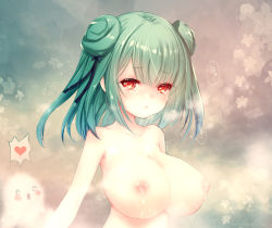Rule 34 | 1girl, 1other, alternate breast size, bare shoulders, breast expansion, breasts, commentary request, double bun, eyebrows, fandead (uruha rushia), ghost, green hair, hair bun, heart, highres, hitomaru, hololive, lactation, large breasts, nipples, open mouth, red eyes, short hair, shortstack, tears, topless, trembling, upper body, uruha rushia, virtual youtuber