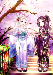 Rule 34 | 2girls, 54hao, :d, :o, blush, cherry blossoms, clogs, commentary request, fingernails, floral print, flower, hair flower, hair intakes, hair ornament, hand up, head tilt, high ponytail, highres, interlocked fingers, japanese clothes, kimono, lipstick, long hair, long sleeves, looking at viewer, makeup, multiple girls, nail polish, open mouth, original, pigeon-toed, pink nails, ponytail, print kimono, purple eyes, purple hair, purple kimono, railing, sandals, siblings, sidelocks, sisters, smile, stairs, standing, tabi, tareme, tree, twins, white hair, white kimono, white legwear, wide sleeves, x hair ornament, zouri