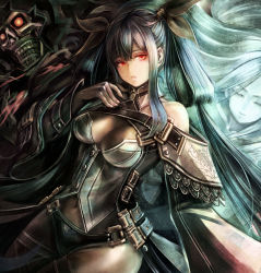 Rule 34 | 2girls, arc system works, asymmetrical wings, belt, black panties, blue hair, blush, breasts, choker, cleavage, closed eyes, collarbone, detached sleeves, dizzy (guilty gear), glowing, glowing eyes, guilty gear, guilty gear xrd, hair ribbon, hair rings, hand on own chest, highres, large breasts, long hair, midriff, monster girl, multiple girls, navel, necro (guilty gear), panties, parted lips, red eyes, ribbon, skull, sushi (sashimise), underwear, undine (guilty gear), wings, yellow ribbon