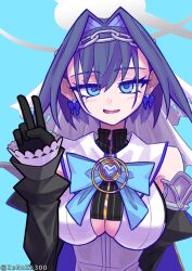 Rule 34 | 1girl, absurdres, black gloves, blue eyes, blue hair, bow, bow earrings, breasts, chain, chain headband, clothing cutout, detached sleeves, earrings, gloves, hair intakes, hair ornament, highres, hololive, hololive english, jewelry, large breasts, looking at viewer, multicolored hair, open mouth, ouro kronii, ouro kronii (1st costume), shirt, short hair, smile, solo, turtleneck, v, virtual youtuber, zenox5300