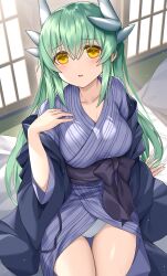 Rule 34 | 1girl, blue kimono, blush, collarbone, commentary request, dragon girl, dragon horns, fate/grand order, fate (series), from above, green hair, hand up, highres, horns, japanese clothes, kimono, kiyohime (fate), long hair, looking at viewer, looking up, morizono shiki, panties, parted lips, sash, sidelocks, smile, solo, thighs, underwear, white panties, yellow eyes