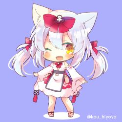 Rule 34 | 1girl, ;d, animal ears, azur lane, blush, bow, brown eyes, cat ears, chibi, commentary request, detached sleeves, dress, full body, hair between eyes, hair bow, kou hiyoyo, long hair, long sleeves, looking at viewer, lowres, one eye closed, open mouth, purple background, red bow, sidelocks, silver hair, sleeveless, sleeveless dress, smile, solo, standing, twintails, twitter username, white dress, white sleeves, wide sleeves, yukikaze (azur lane), yukikaze (winter&#039;s snowy wind) (azur lane)