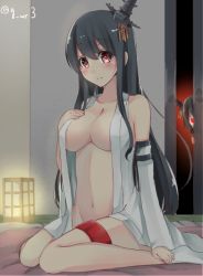 Rule 34 | 10s, 2girls, bad id, bad pixiv id, bare shoulders, black hair, blush, breasts, cleavage, collarbone, detached sleeves, fusou (kancolle), hair ornament, hand on own chest, headphones, kantai collection, lantern, large breasts, long hair, looking at viewer, multiple girls, navel, navy (navy.blue), no bra, open clothes, pink eyes, red eyes, sitting, smile, socks, thigh strap, twitter username, wariza, white legwear, yamashiro (kancolle)