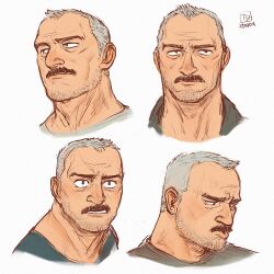 Rule 34 | 1boy, aaron gruber (o natsuo88), bara, beard stubble, cropped torso, facial hair, facial scar, grey hair, male focus, mature male, multiple views, mustache, o natsuo88, old, old man, original, receding hairline, scar, scar on cheek, scar on face, shirt, short hair, simple background, stubble, thick eyebrows, thick mustache, white background, wrinkled skin