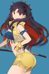Rule 34 | 1girl, ass, bandeau, bare shoulders, belt, black hair, blue bandeau, breasts, cropped vest, earrings, fate/grand order, fate (series), fingerless gloves, gloves, highres, ishtar (fate), jewelry, katana, long hair, looking at viewer, medium breasts, multicolored hair, neee-t, parted bangs, red eyes, red hair, short shorts, shorts, space ishtar (fate), space ishtar (second ascension) (fate), sword, thighs, tiara, two-tone hair, two side up, vest, weapon, yellow gloves, yellow shorts, yellow vest