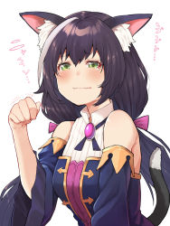 Rule 34 | 1girl, animal ear fluff, animal ears, bare shoulders, black hair, blush, breasts, cat ears, cat girl, cat tail, commentary request, detached sleeves, fangs, green eyes, hair between eyes, highres, karyl (princess connect!), long hair, low twintails, mikan (chipstar182), multicolored hair, princess connect!, simple background, skin fangs, solo, streaked hair, tail, tearing up, translation request, twintails, wavy mouth, white background, white hair