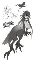 Rule 34 | 1girl, animal feet, arm support, arrow (symbol), bags under eyes, bird, bird girl, bird legs, bird tail, black eyes, black hair, breasts, character name, claws, crow, female focus, forest box, hair over one eye, highres, large breasts, leaning to the side, looking at viewer, messy hair, monster girl, navel, no nipples, nude, original, sharp teeth, simple background, sitting, solo, tail, talons, teeth, underboob, white background, wide-eyed