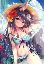 Rule 34 | 1girl, absurdres, animal ear fluff, animal ears, arm up, artist name, bare shoulders, bikini, black hair, blue sky, blush, breasts, brown eyes, cleavage, closed mouth, cloud, cloudy sky, day, flower, frills, front-tie bikini top, front-tie top, hair flower, hair ornament, hat, hibiscus, highres, long hair, looking at viewer, medium breasts, melonbooks, off shoulder, outdoors, palm leaf, palm tree, scan, shiny skin, side-tie bikini bottom, simple background, sky, solo, sparkle, sun hat, sweat, sweatdrop, swimsuit, tail, tateha (marvelous grace), thighs, tree