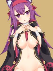 Rule 34 | 1girl, animal ears, azur lane, bandages, bell, blush, breasts, detached sleeves, eyebrows, hair bell, hair ornament, hairband, highres, jingle bell, lips, long hair, looking at viewer, navel, nezuko, open clothes, open mouth, purple eyes, purple hair, red hairband, short eyebrows, simple background, thick eyebrows, urakaze (azur lane)