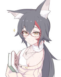 Rule 34 | 1girl, animal ear fluff, animal ears, black hair, blush, book, brown eyes, brown sweater, closed mouth, commentary request, eihire, glasses, hair between eyes, hair ornament, halterneck, highres, holding, holding book, hololive, long hair, long sleeves, looking at viewer, looking to the side, multicolored hair, off shoulder, official alternate costume, ookami mio, ookami mio (street), red hair, shirt, simple background, sleeveless, sleeveless shirt, smile, solo, sparkle, streaked hair, sweater, virtual youtuber, white background, white shirt, wolf ears, wolf girl