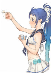 Rule 34 | 10s, 1girl, adapted costume, alternate hairstyle, blue eyes, blue hair, blush, branch (blackrabbits), breasts, commentary request, food, from side, hair ribbon, holding, holding spoon, ice cream, kantai collection, long hair, outstretched arm, ponytail, ribbon, samidare (kancolle), school uniform, serafuku, simple background, sketch, skirt, small breasts, solo, spoon, standing, very long hair, white background