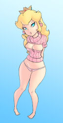 Rule 34 | 1girl, arms behind back, barefoot, blonde hair, blue eyes, blur background, breasts, cleavage, crown, earrings, food print, full body, groin, head tilt, heart, heart earrings, highres, jewelry, lickagoat, lips, long hair, looking at viewer, mario (series), medium breasts, meme attire, mushroom print, navel, nintendo, open-chest sweater, panties, parted lips, pink lips, pink panties, pink sweater, princess peach, print panties, ribbed sweater, short sleeves, solo, super mario bros. 1, super mushroom, sweater, taut clothes, taut sweater, thighs, turtleneck, underwear, white background, wide hips